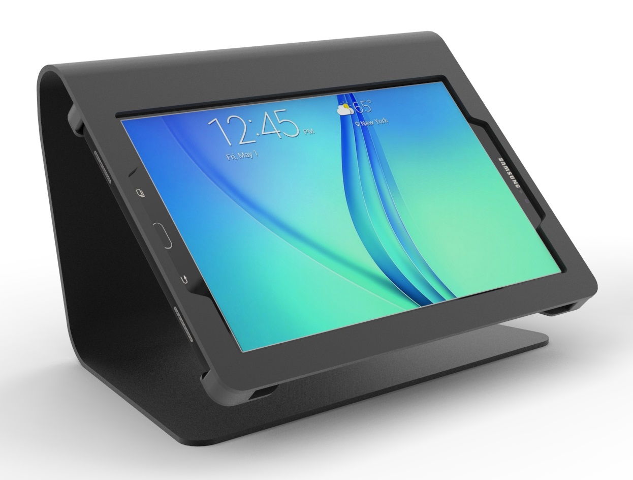 The Nollie Kiosk is a Galaxy Tab A 10.1 POS tand designed to be the face of your business. Made of high-grade aluminum, the Nollie Kiosk is lightweight yet durable in yet stylishly modern with clean curves and the "hanging" screen look. Ultra-Secure brackets with tamper proof screws hold the Tab A 10.1 in place to ensure stable usage. With the options to bolt the Nollie to the counter or add a secure swivel base or security cable lock, the Kiosk can be set up on a variety of surfaces or on top of a cash drawer. Taking all aspects of Samsung POS Kiosk into consideration, the Nollie has connected credit card reader brackets (SOLD SEPARATELY) that secure these devices in place. There are specially designed brackets for audio jack compatible card swipe peripherals. *Not Compatible with Galaxy Tab A 10.1 with S Pen* *The optional Universal Credit Card Reader Bracket requires a right angle Micro USB cable* Optional Parts: Swivel Base Audio Jack Card Reader Bracket Nollie Kiosk Includes: Nol